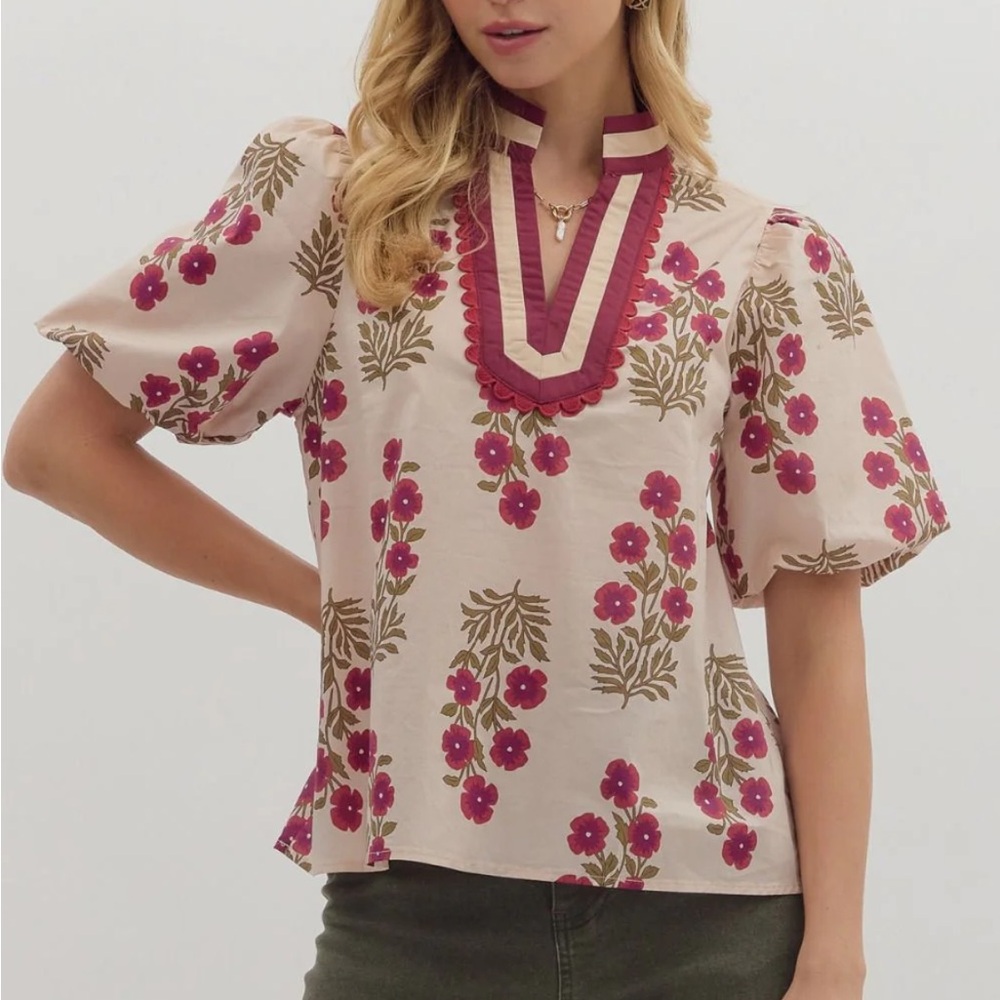 Entro Pink Floral Puff Sleeve Blouse Size Small